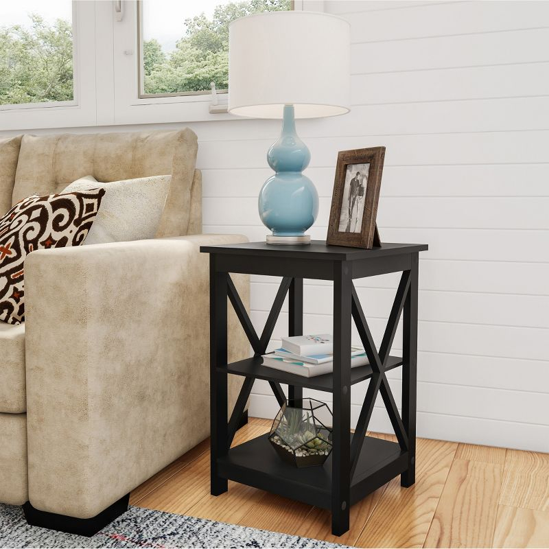 Lavish Home End Table with Two Shelves, X-Leg Design, and Wooden Stand, Black