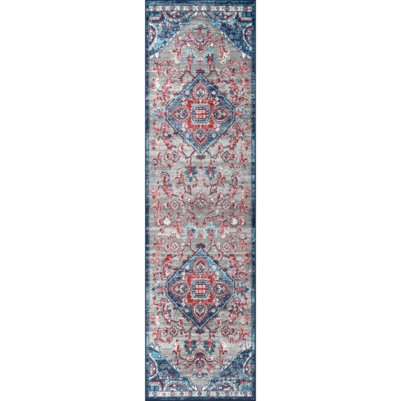 2'x8' Modern Persian Vintage Medallion Runner Rug, Red/Navy - JONATHAN Y