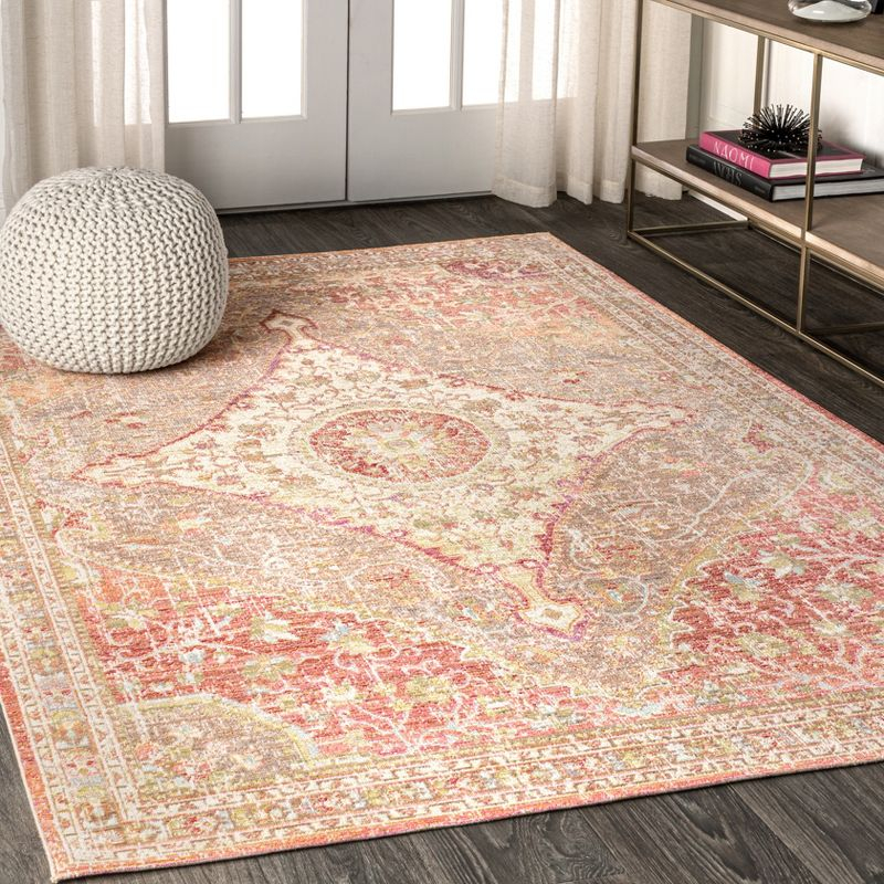 8'x10' Petras Modern Ornate Medallion Area Rug, Brown/Pink - JONATHAN Y