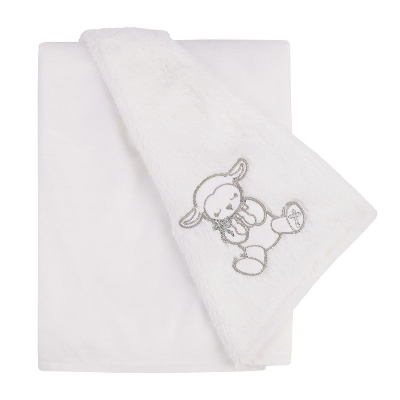 Little Love by NoJo Plush White Lamb Baptism Baby Blanket with Praying Hands and Embroidered Cross for Baptism or Christening Gifts