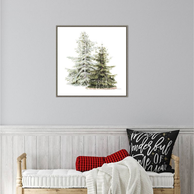 22" x 22" Vintage Wooded Holiday Trees in Snow Framed Wall Canvas Brown - Amanti Art