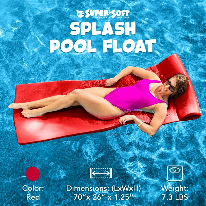 TRC Recreation Splash 1.25 Inch Thick Foam Outdoor Swimming Pool Float Mat Large Adult Lounger with Built-In Roll Pillow, Red