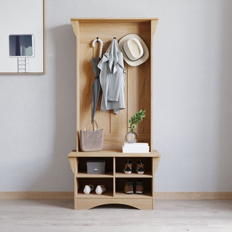 Merrick Lane Hallway Tree with Bench Seating, 3 Single Coat Hooks and Lower Storage with Adjustable Shelves in Weathered Wood