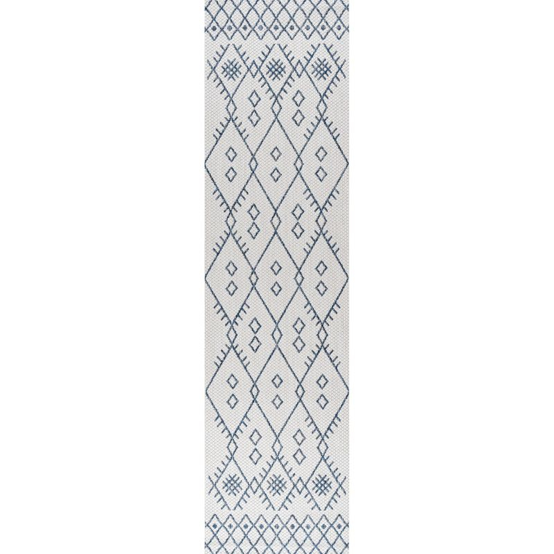 2'x10' Boho Moroccan Indoor/Outdoor Runner Rug, Ivory/Navy - JONATHAN Y