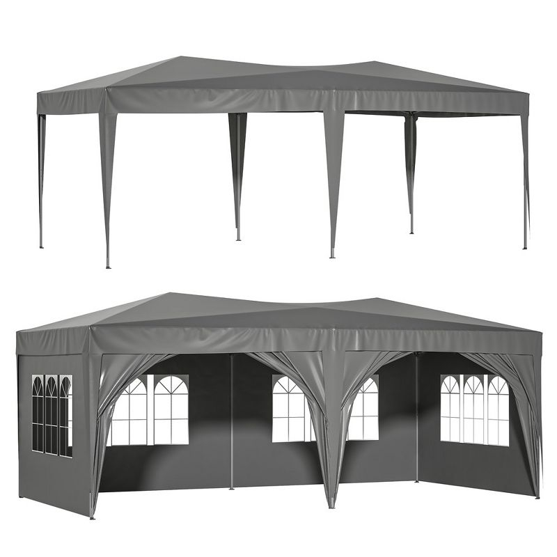 10x20in Pop Up Canopy, Canopy Tent With 6 Removable Sidewalls & Sand Bags & Pull Ropes, 12 Ground Stakes, Carry Bag, Gray