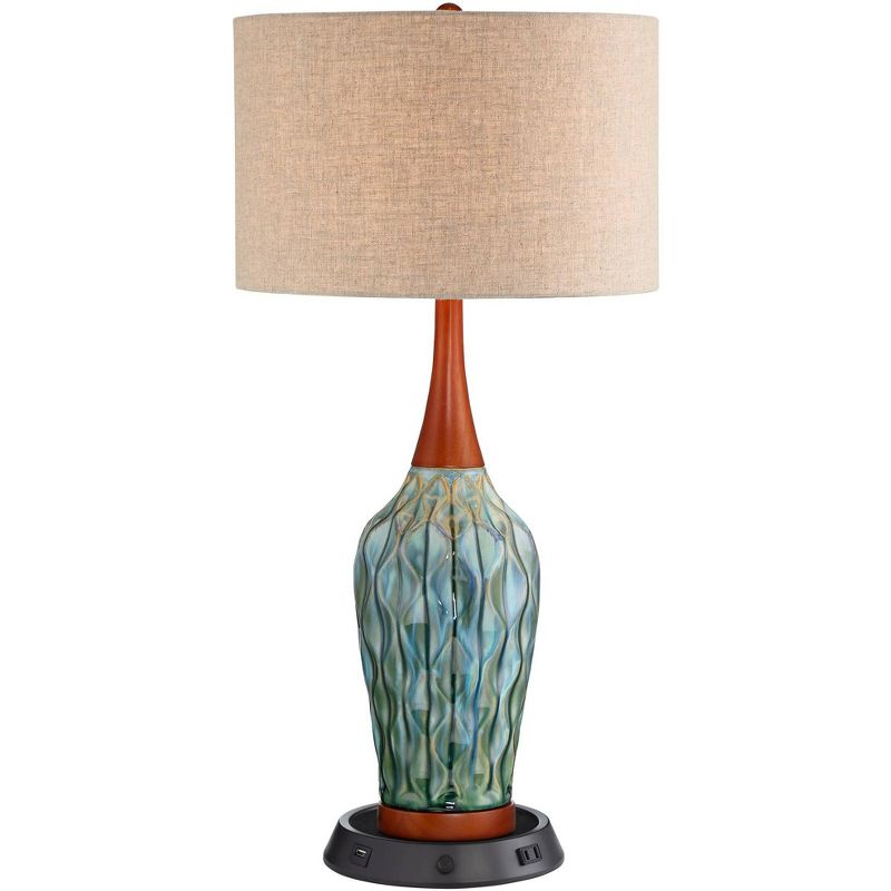 360 Lighting Rocco Modern Mid Century Table Lamp 30" Tall Blue Teal Ceramic with Dimmable USB Workstation Base Linen Drum Shade for Living Room Home