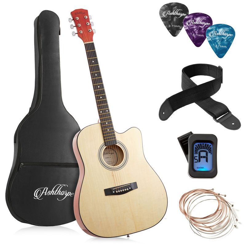 Ashthorpe 41-Inch Beginner Acoustic Guitar - Natural, Basic Starter Kit with Gig Bag and Accessories