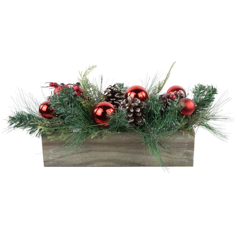 Northlight Mixed Pine and Red Ornaments Artificial Christmas Arrangement in Wood Planter - 24"
