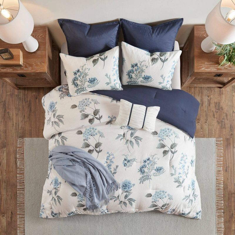 Madison Park King/California King 7pc Benita Print Seersucker Comforter Set with Throw Blanket Blue: Polyester Fill, Farmhouse Style