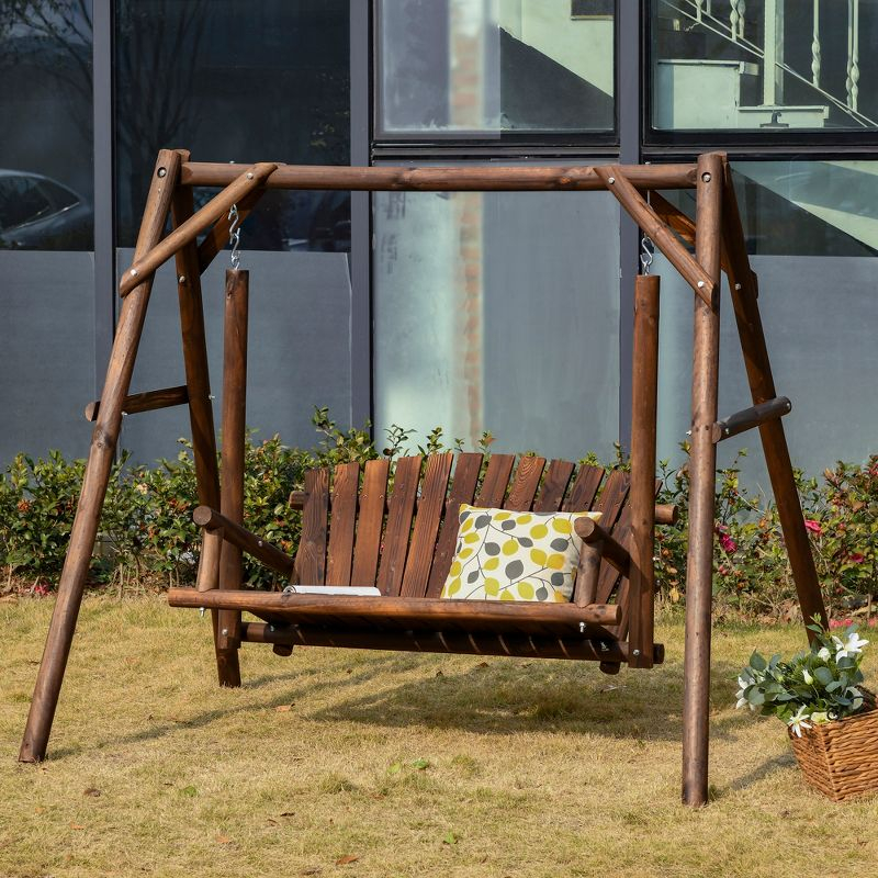 Outsunny Wooden Swing Bench, Garden Swing Chair for Patio, Yard, Porch, Carbonized