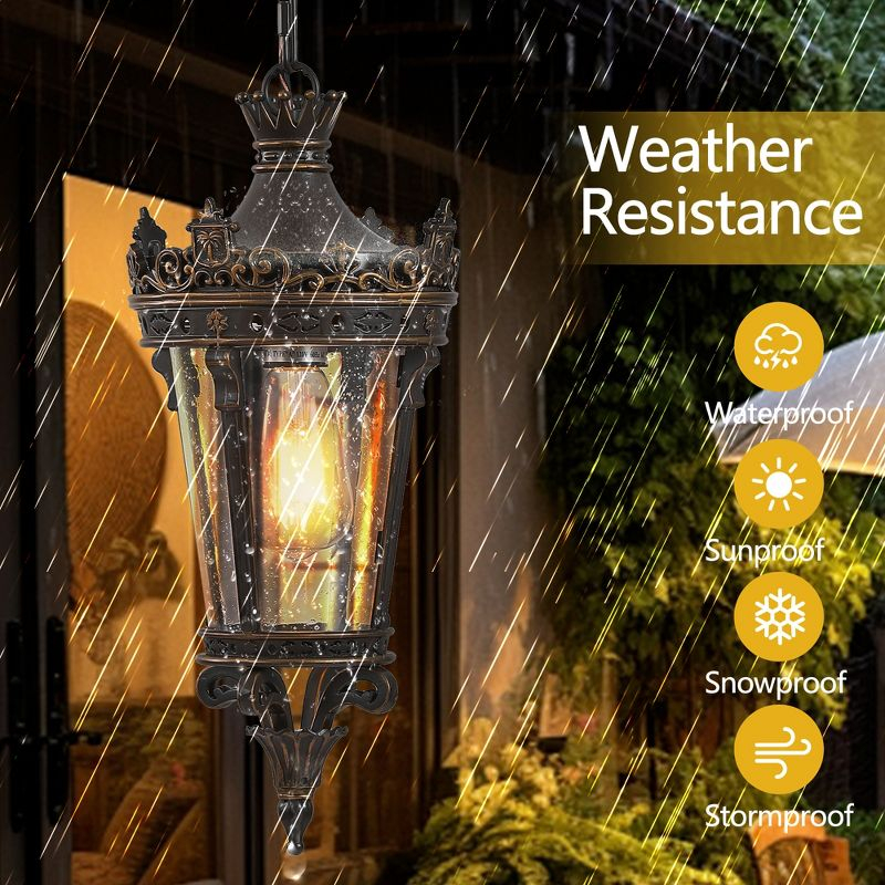 DOMETOUR Antique Crown Outdoor Hanging Lantern, Waterproof Vintage Pendant Light with Ornate Metal & Glass for Patio, Garden, Porch, Entryway