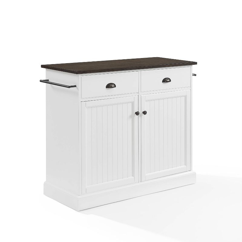 Crosley Shoreline Kitchen Island White/Dark Brown: Adjustable Shelves, Towel Bar, MDF & Veneer Storage Cart
