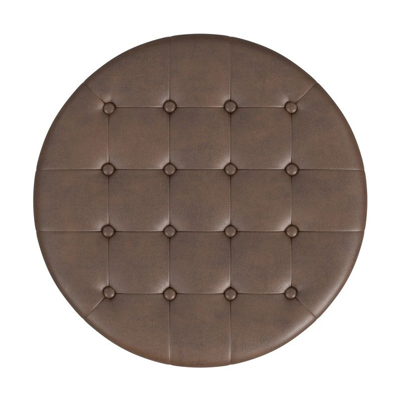 HomePop Tufted Faux Leather Round Storage Ottoman Brown: Upholstered Traditional Decor, Hardwood Frame