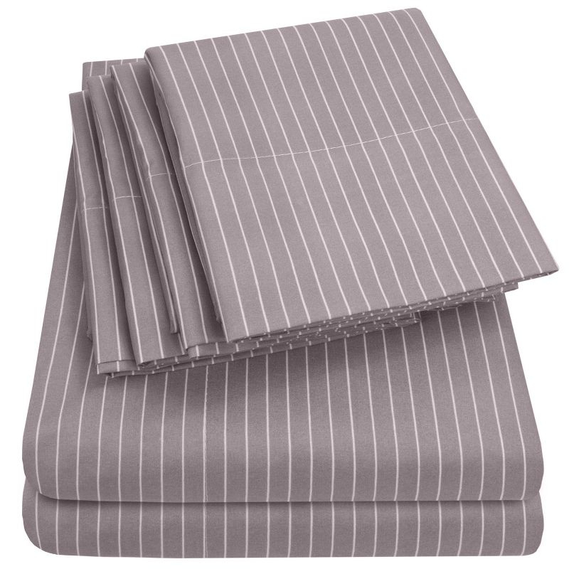 6 Piece Pinstripes Printed Sheet Set, Deluxe Ultra Soft 1500 Series, Double Brushed Microfiber by Sweet Home Collection®- Full, Gray