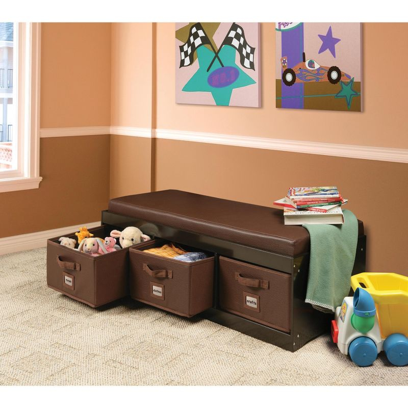 Badger Basket Kid's Storage Bench with Cushion and Three Bins - Espresso