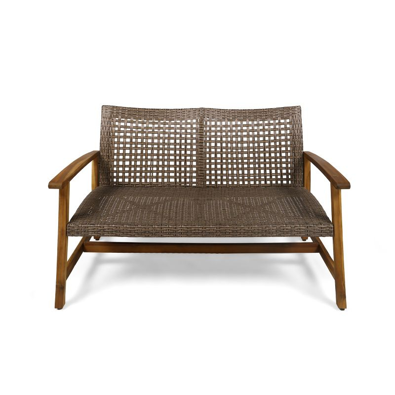 GDFStudio Jean Outdoor Acacia Wood and Wicker Loveseat, Brown/Gray