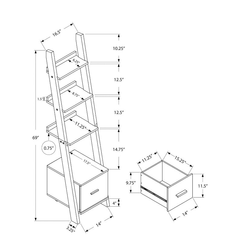 Monarch Specialties Bookshelf Bookcase Etagere Corner Ladder 69InchH Office Bedroom Laminate Brown Contemporary Modern