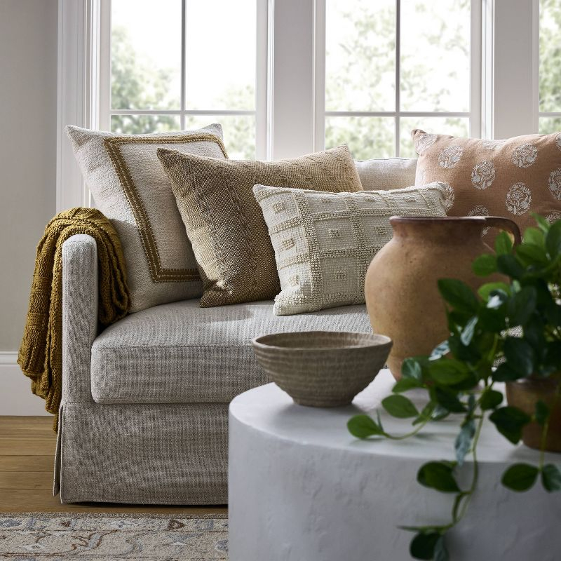 Embroidered Frame Square Throw Pillow Cream/Dark Tan - Threshold™ designed with Studio McGee: Cotton Blend, Zipper Closure, Indoor Use