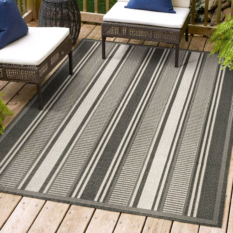 8' x 10' Haynes Modern Double Stripe Indoor/Outdoor Area Rug, Black/Cream - JONATHAN Y