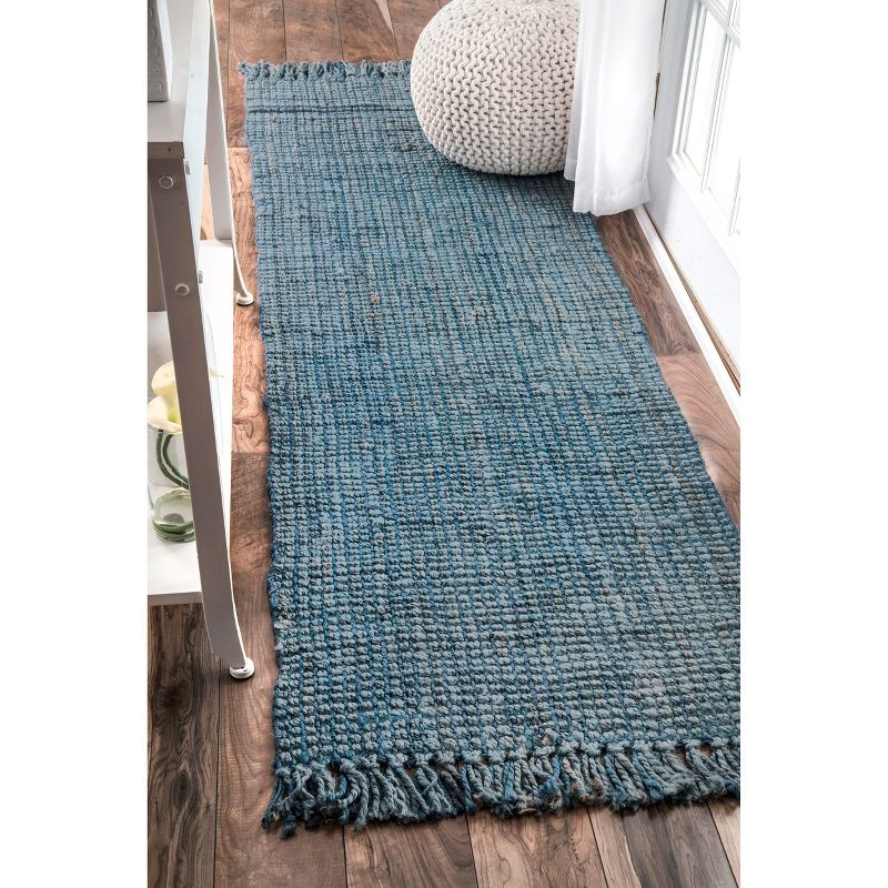 Nuloom 2x12 Daniela Jute Tassel Hand Woven Indoor Area Rug, Blue, Solid Chunky Farmhouse Design, Natural Fiber BedroomLiving Room
