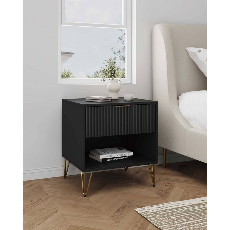 Manhattan Comfort Dumbo Nightstand with Drawer Black: Modern Design, Splayed Metal Legs, Soft Close Storage