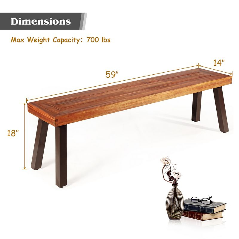 Costway Set of 2 Patio Acacia Wood Dining Bench with Rustic Steel Legs Outdoor Indoor