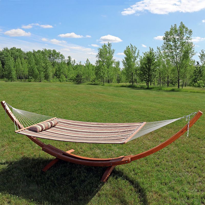 Sunnydaze Quilted Double Fabric 2-Person Hammock with Curved Arc Wood Stand - 400 lb Weight Capacity/13' Stand - Sandy Beach