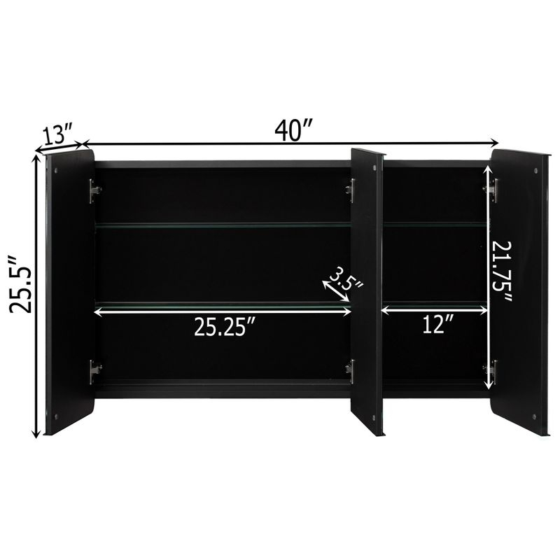 Basicwise 3-Door Aluminum Medicine Cabinet, Round Corner Frame, Surface or Recessed Mount, Mirrored Doors with Adjustable Glass Shelves, Matte Black