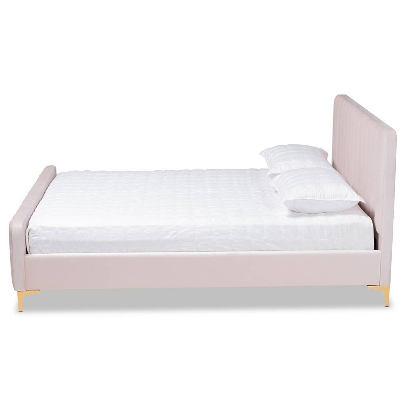 Full Nami Velvet Platform Bed Light Pink/Gold - Baxton Studio: Upholstered MDF Frame, No Box Spring Needed
