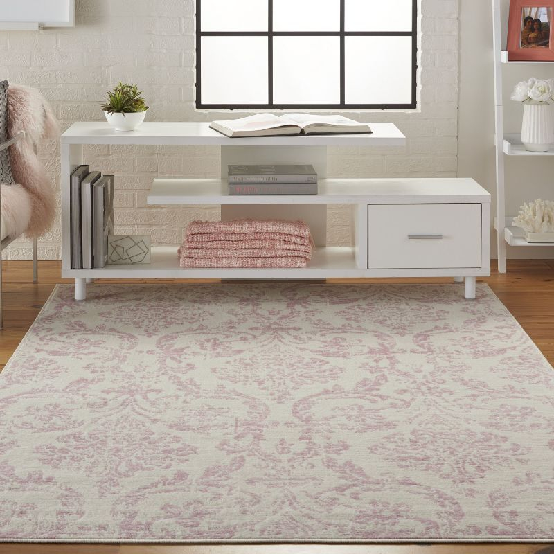 Nourison Jubilant 5'3" x 7'3" (5' x 7') Ivory/Pink Area Rug Farmhouse Vintage Damask by Nourison