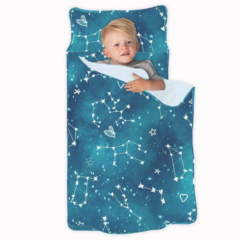 Toddler Nap Mat - Sleeping Bag for Kids with Removable Pillow and Ultra Soft Blanket for Preschool, Daycare, and Sleepovers - Night Sky