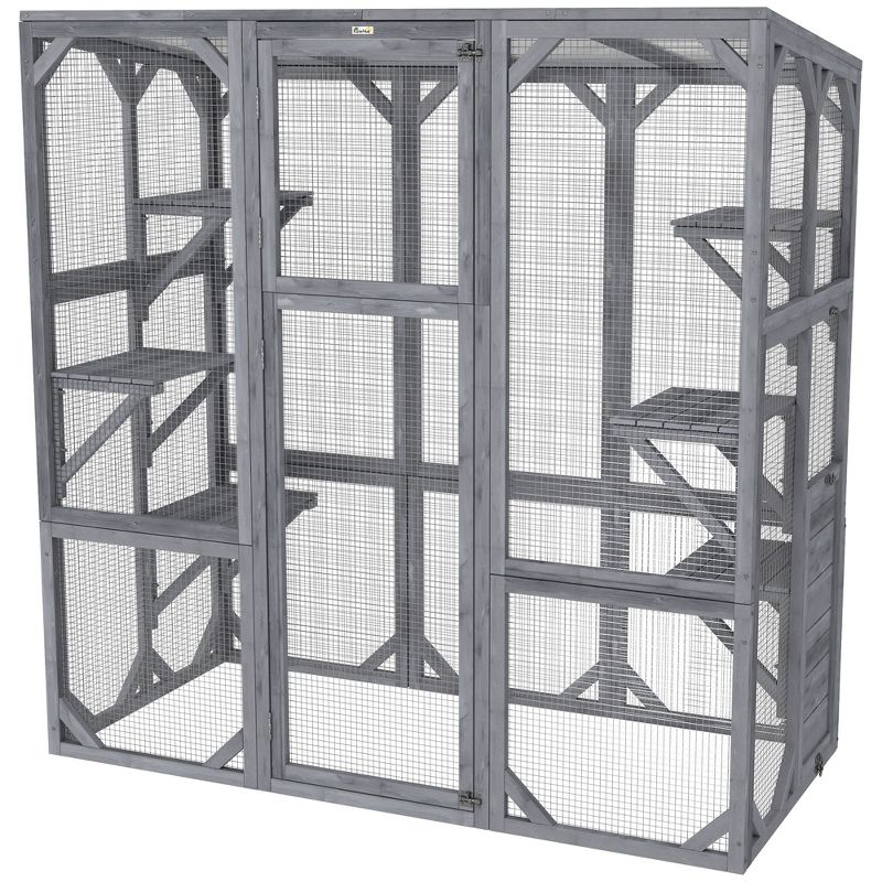 PawHut Catio Outdoor Cat Enclosure, Large Wooden Cat House with 6 Jumping Platforms, Weatherproof Roof, for 1-3 Cats, 59" x 28" x 60", Gray