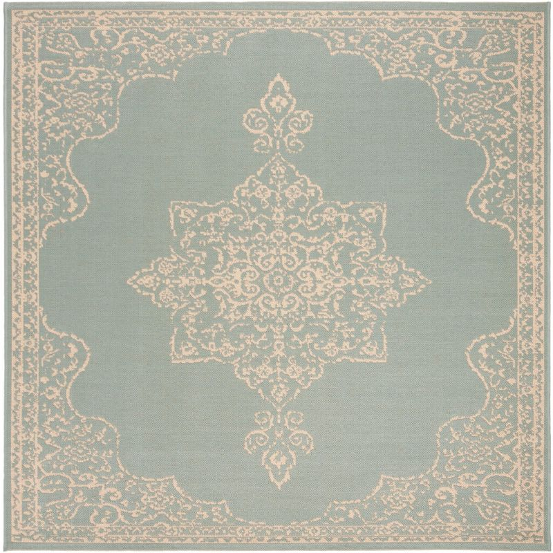 Beach House BHS180 POWER LOOMED Indoor/Outdoor Area Rug - Cream/Aqua - 4'x4' - Safavieh