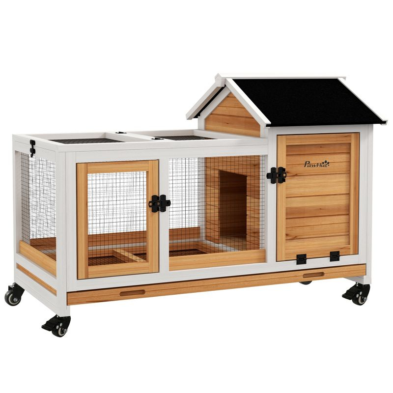 PawHut Indoor Outdoor Wooden Rabbit Hutch with Wheels, Large Bunny Cage with Run, Slide-out Tray for Small Animals, Guinea Pig, Yellow
