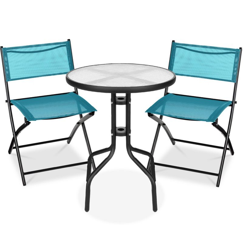 George Oliver 3-Piece Patio Bistro Dining Furniture Set W/ Glass Tabletop, Folding Chairs
