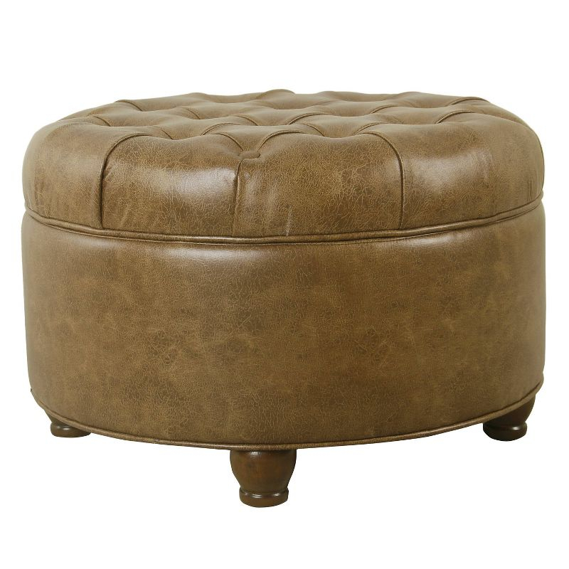 Large Tufted Round Storage Ottoman Faux Leather Distressed Brown - HomePop