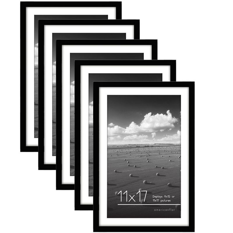 Americanflat 11x17 Picture Frame with Polished Plexiglass, Set of 5, Use as 9x15 Frame with Mat or 11x17 Frame Without Mat, Galleria Collection,Black
