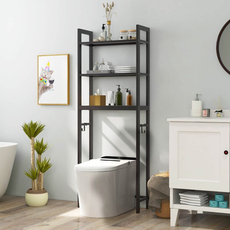 Tangkula Over-The-Toilet Storage Shelf Space Saving Metal Bathroom Organizer Hooks Brown