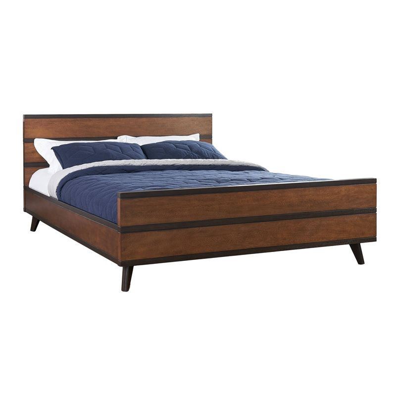 Queen Mid-Century Modern Platform Bed with Striped Detailing - Linon: Rubberwood, No Box Spring Required
