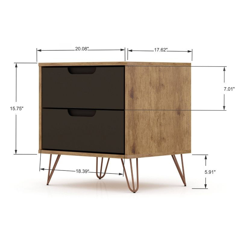 Set of 2 Rockefeller 2 Drawer Nightstands Nature/Textured Gray - Manhattan Comfort: Modern Splayed Metal Legs, MDF