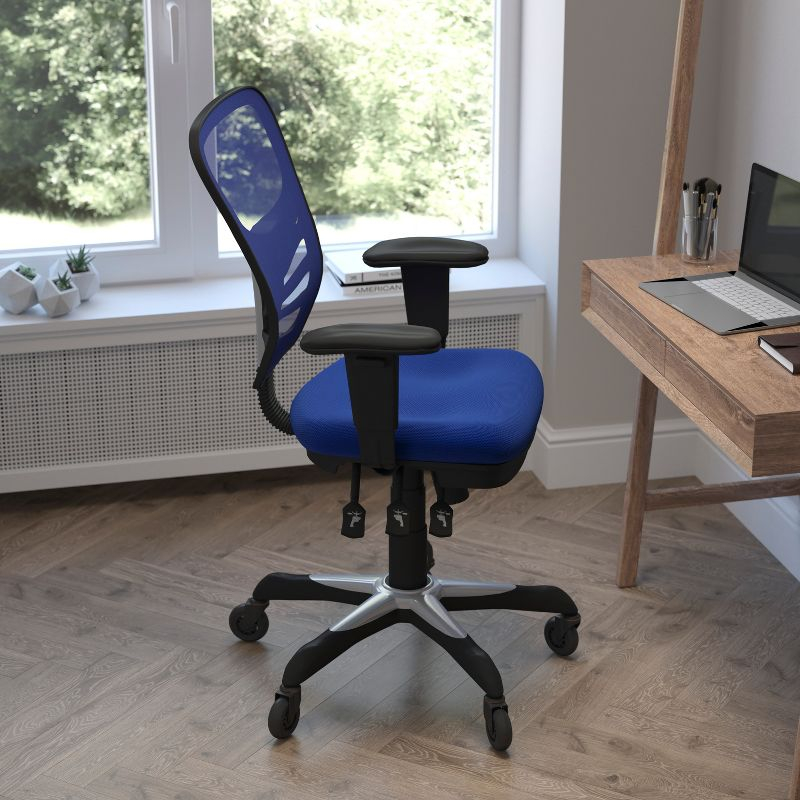 Flash Furniture Nicholas Mid-Back Blue Mesh Multifunction Executive Swivel Ergonomic Office Chair with Adjustable Arms and Transparent Roller Wheels