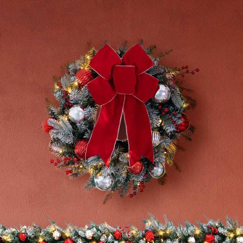 Haute Décor 24in Pre-Lit LED Flocked Wreath: Christmas Outdoor/Indoor Wreath, 50 White Lights, Faux Berries & Bow
