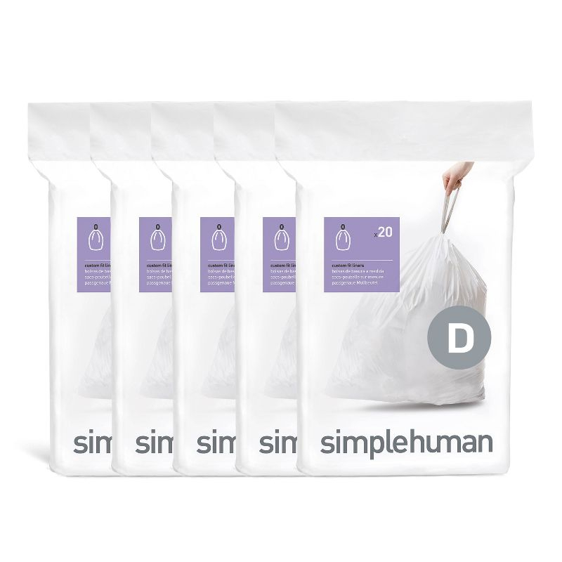simplehuman 20L Code D Custom Fit Kitchen Trash Bag Liners 5 Quick-Dispense Packs - 100ct: Unscented, Drawstring, White