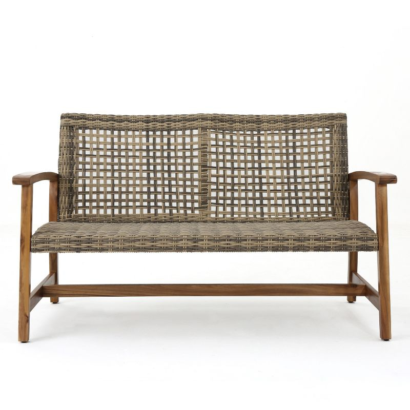 GDFStudio Jean Outdoor Acacia Wood and Wicker Loveseat, Brown