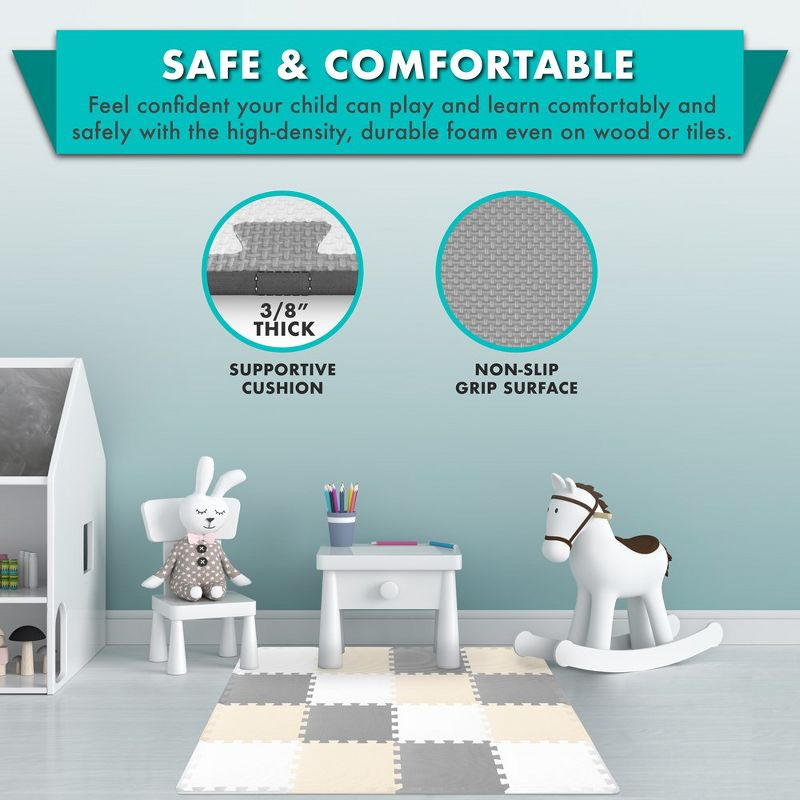 Prosource Kids Solid Floor Play Mat 3/8-in, 16 Sq Ft - 16 Tiles, White/Grey/Beige