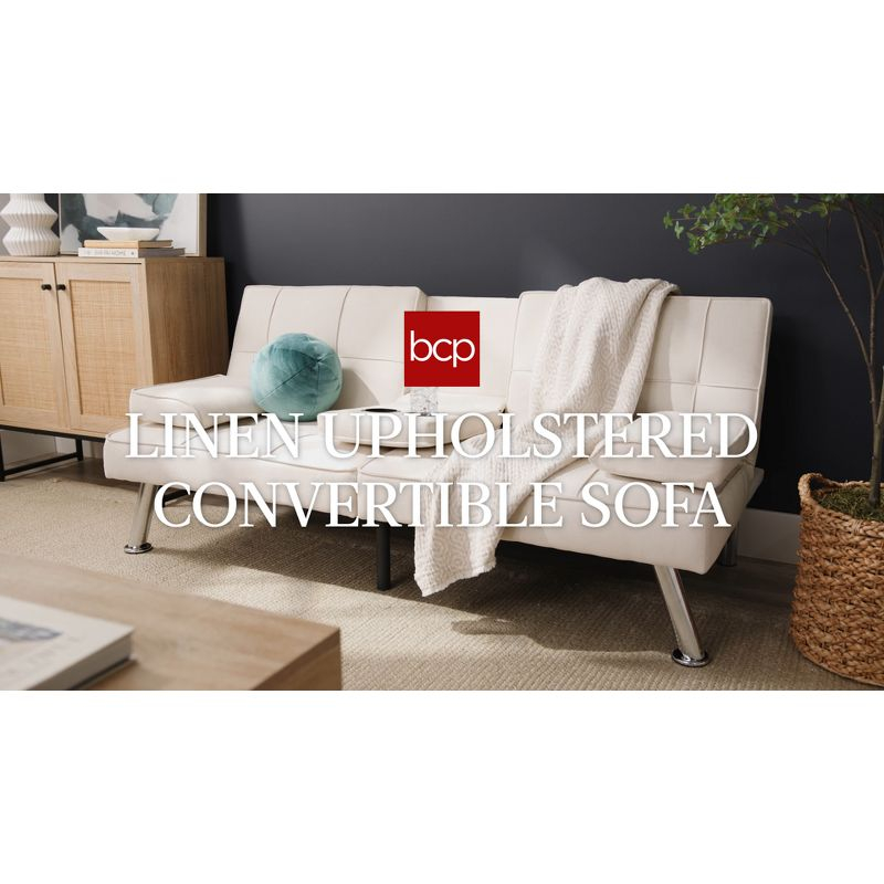 Best Choice Products Modern Linen Convertible Futon Sofa Bed w/ Removable Armrests, Metal Legs, Cupholders - Black
