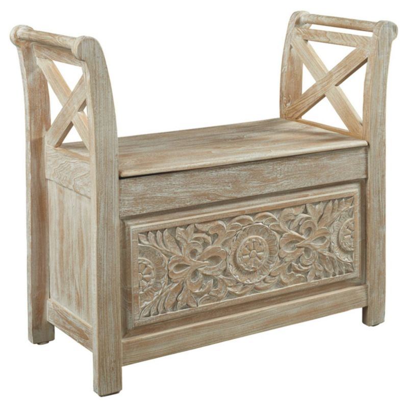 Fossil Ridge Accent Bench Whitewash - Signature Design by Ashley: Modern Storage Ottoman, Entryway Furniture