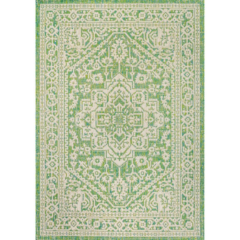 8' x 10' Sinjuri Medallion Textured Weave Indoor/Outdoor Area Rug, Cream/Green - JONATHAN Y