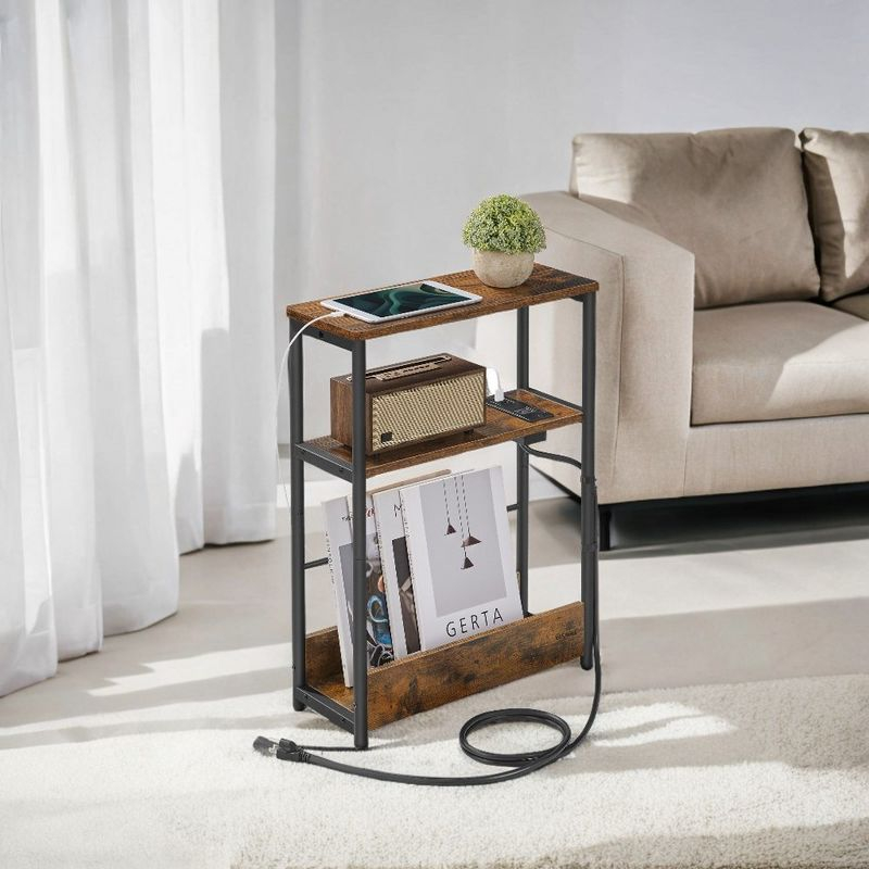 VASAGLE Side Table with Charging Station, Narrow End Table, 3-Tier Nightstand, Sofa Table for Small Spaces, Magazine Rack Rustic Brown and Ink Black