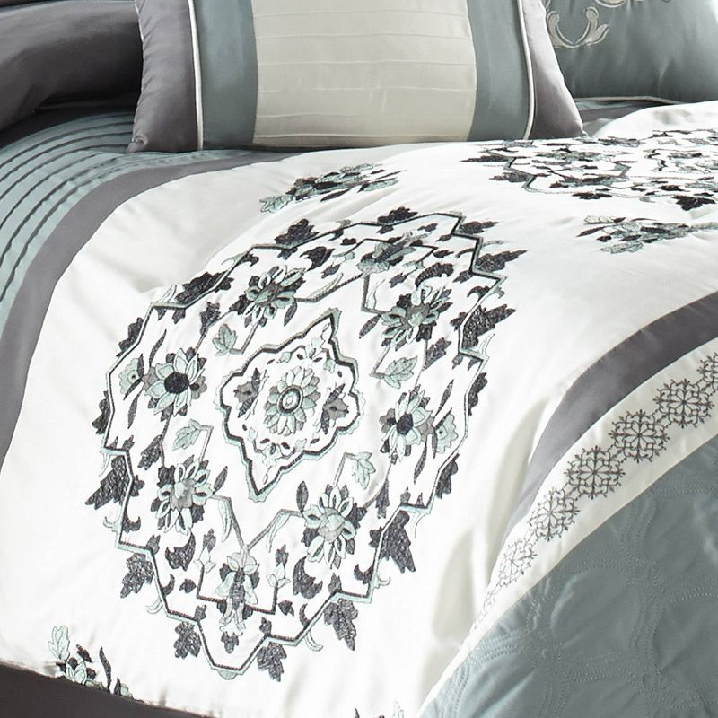 Riverbrook Home 7pc King Alex Comforter Set Blue & Gray : Polyester Medallion Pattern, Pleated & Quilted Design, Machine Washable